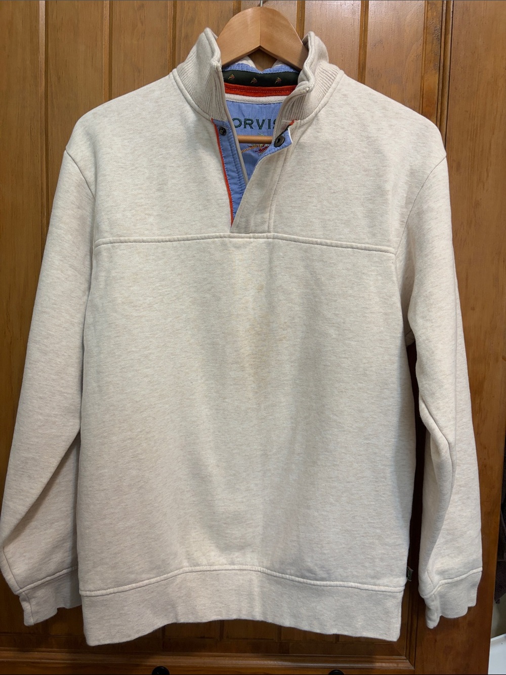 Orvis Men’s Cream Zip-Up Pullover with Blue Contrast Placket